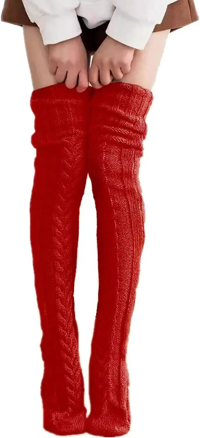 Women's Thigh-High Knit Stockings – Cozy Acrylic Long Socks Thigh-High Stockings PLUSH red