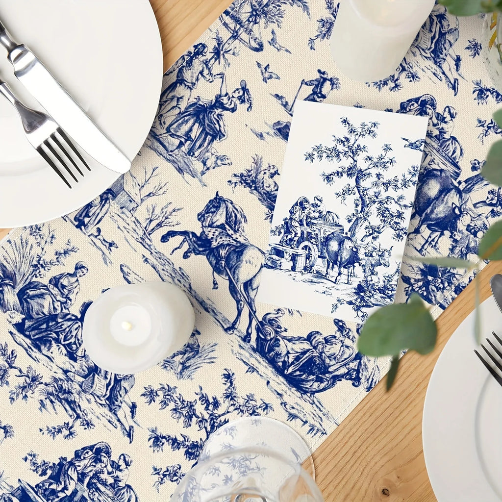 French Country Table Runner – Blue Retro Pastoral Print | 3 Sizes Table Runner PLUSH