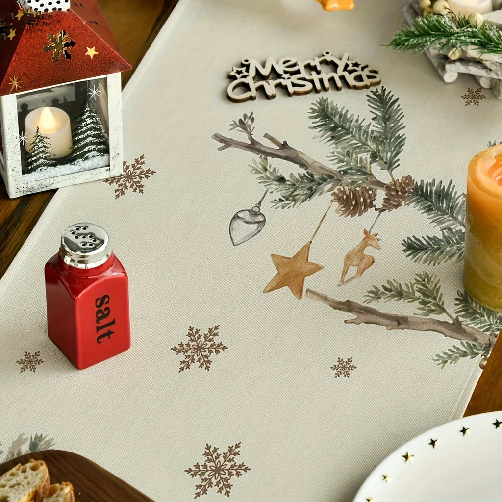 Scandinavian Christmas Table Runner – Elk & Pine Watercolor Print Christmas Table Runner PLUSH
