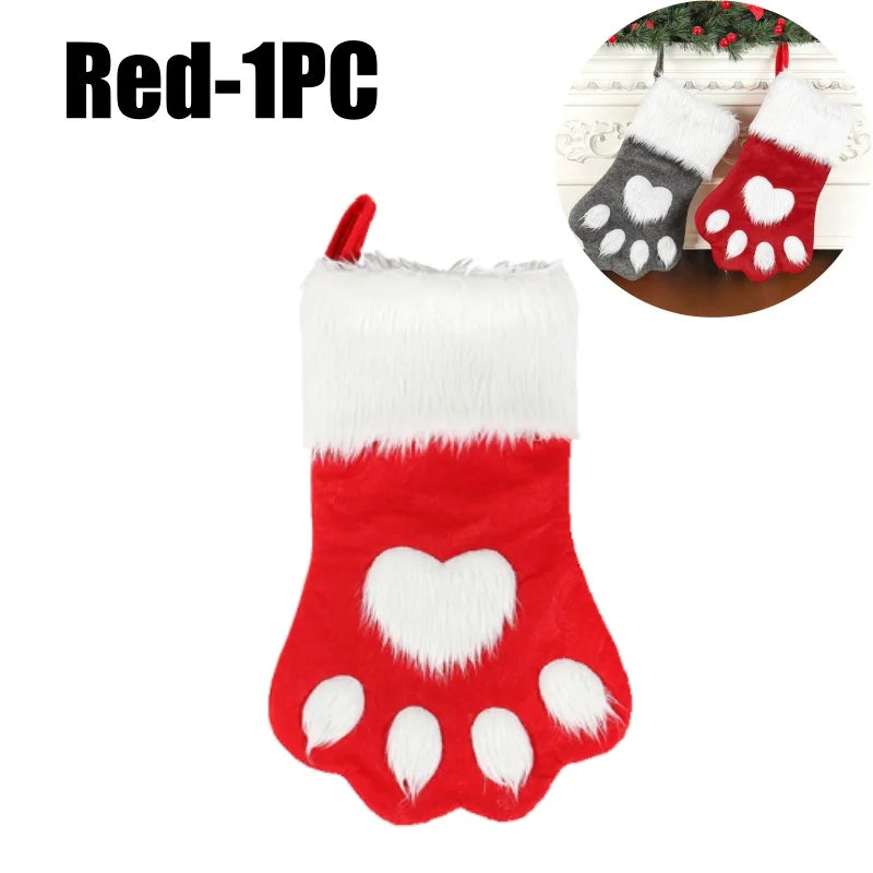 Dog Paw Christmas Stockings – Fuzzy Red Velvet Holiday Set Christmas Stocking Set PLUSH Red-1PC 44x22cm