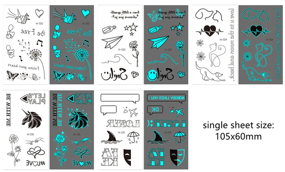 Luminous Glow Temporary Tattoo Stickers – Snake & Butterfly Temporary Tattoo Stickers PLUSH Hi-31-35 5pcs set