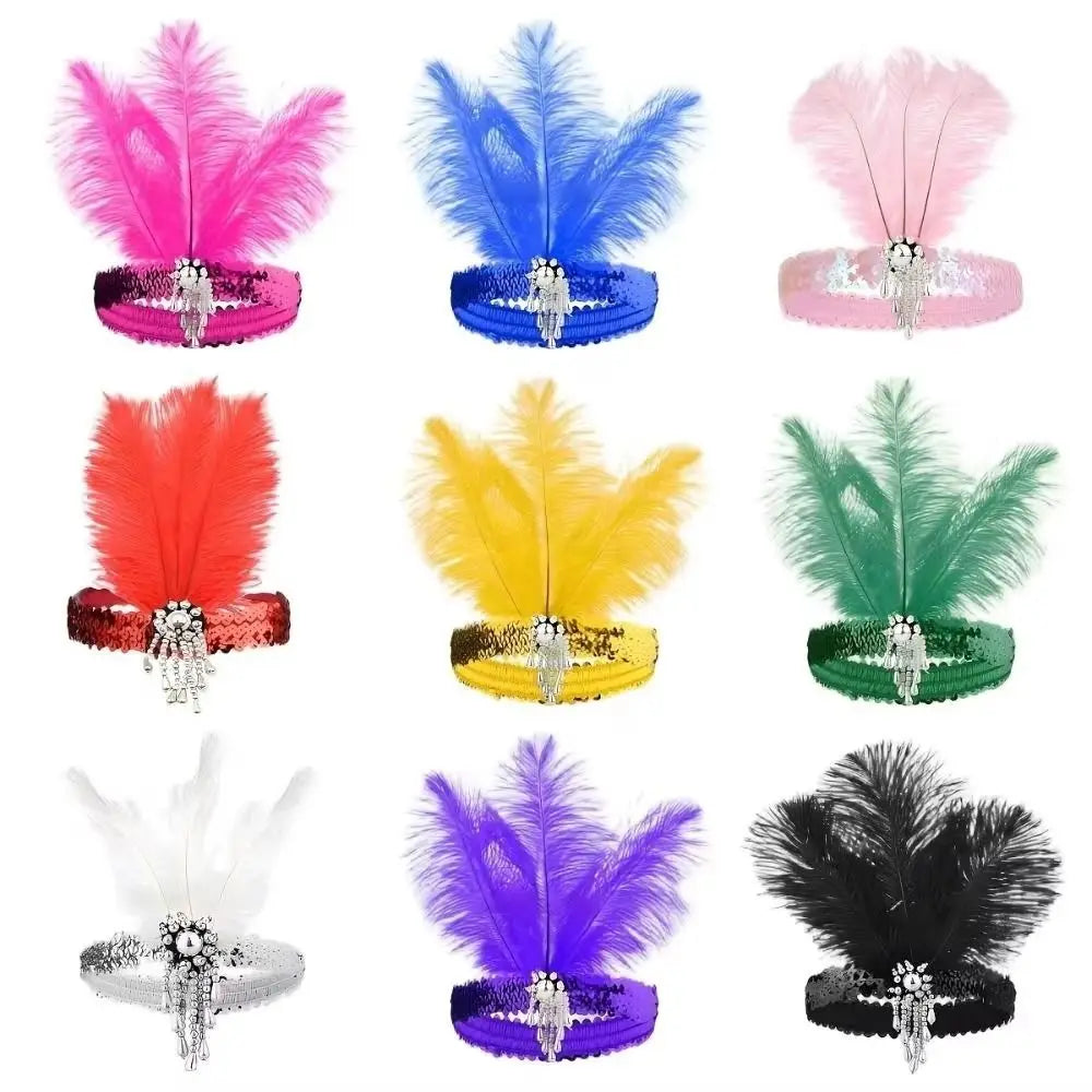 Vintage 1920s Feather Headband – Sequin Rhinestone Headpiece Feather Headband PLUSH