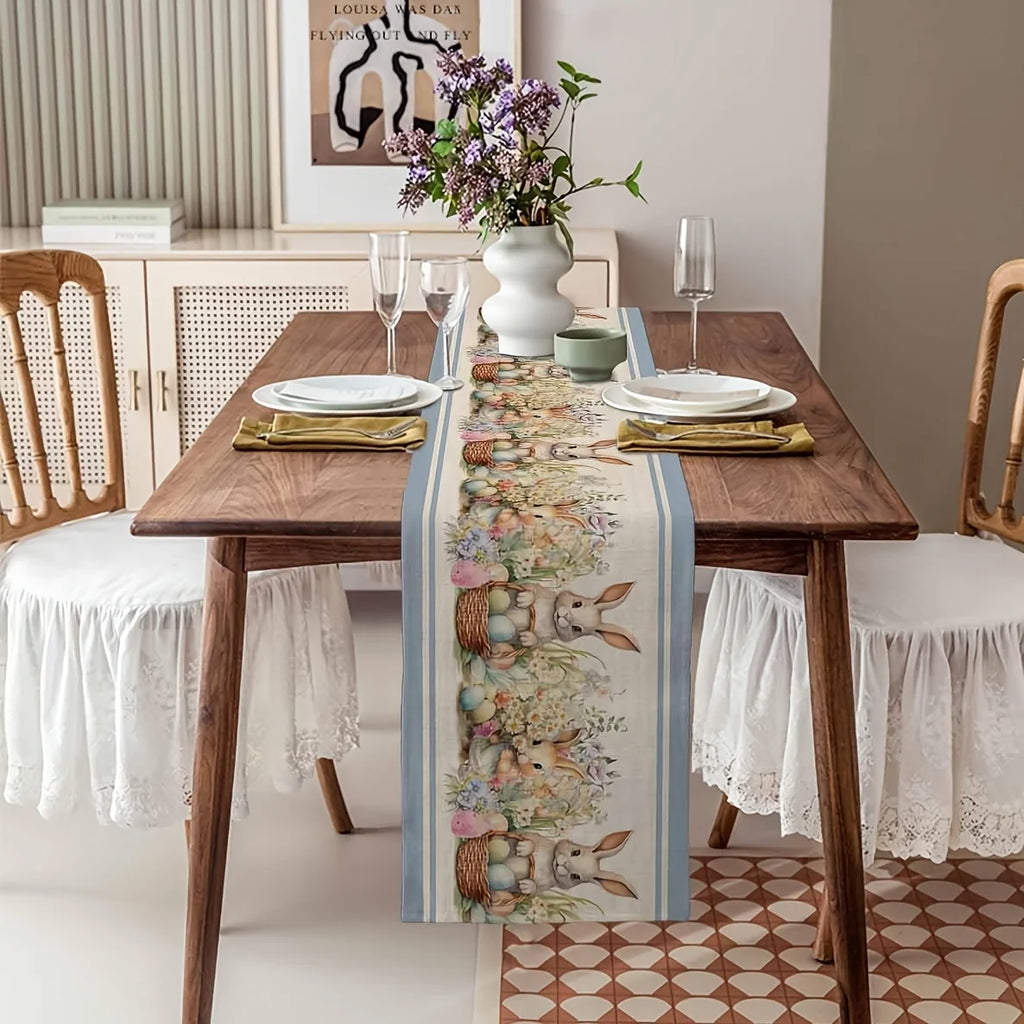 Easter Bunny Table Runner – Eggs & Watercolor Flower Design Holiday Table Runner PLUSH