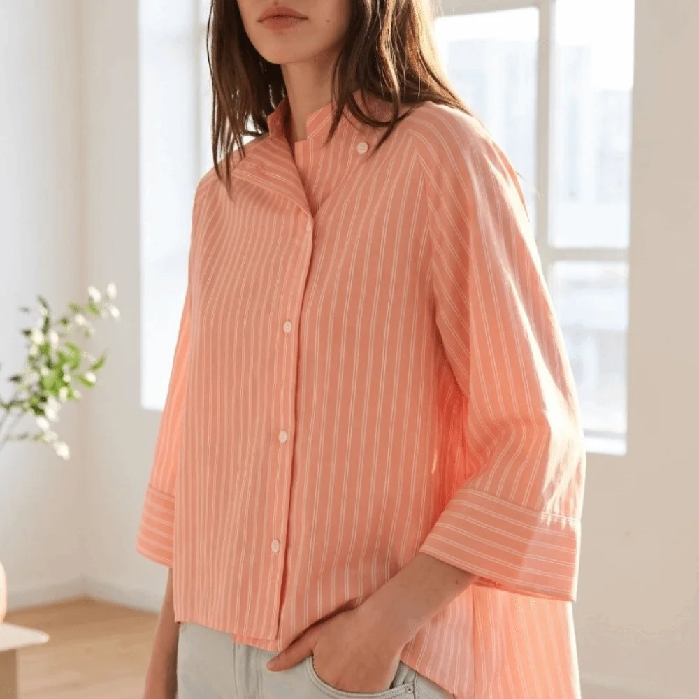 Women's Striped Loose Blouse – Asymmetric Button Top Mid Sleeve Casual Striped Blouse PLUSH