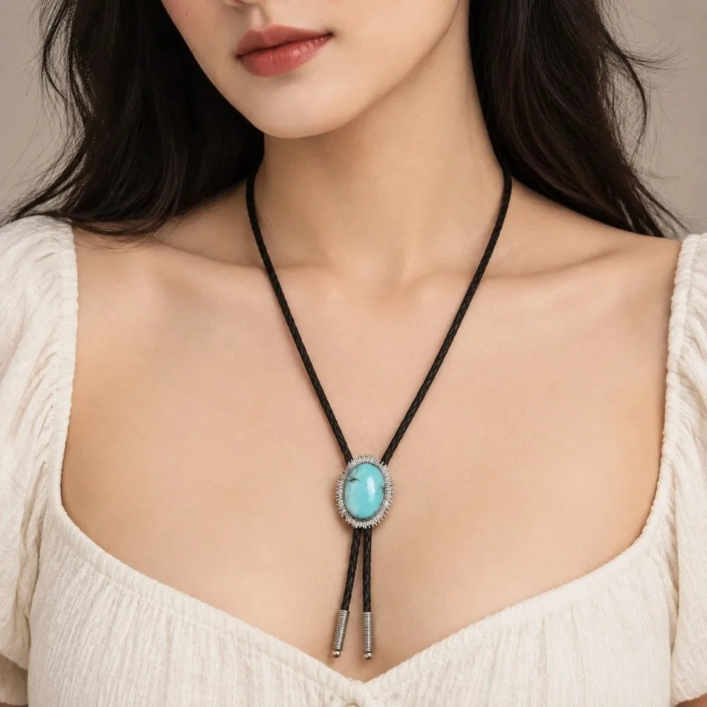 Braided Bolo Tie Necklace – Oval Stone Western Cowboy Style Bolo Tie Necklace PLUSH