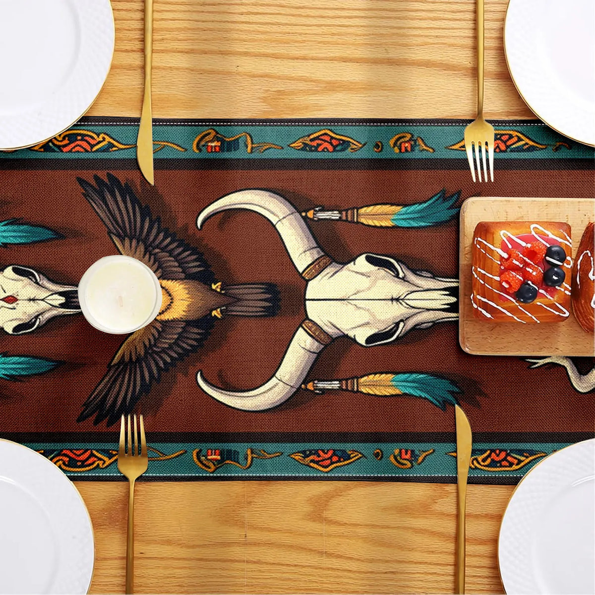 Tribal Print Table Runner – Dream Catchers, Skulls & Feathers Decorative Table Runner PLUSH