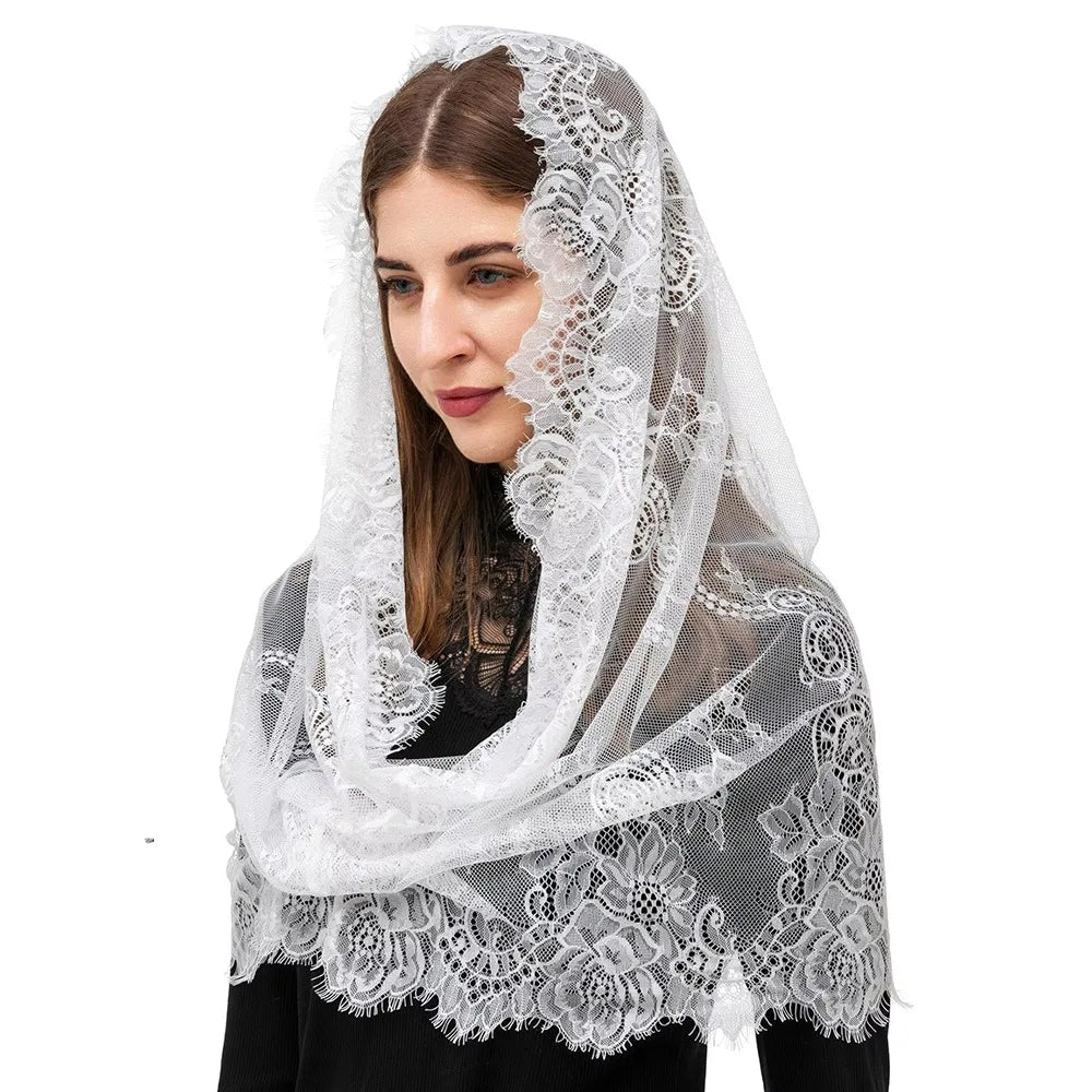Spanish Lace Mantilla Veil Black White – Bridal Head Covering Lace Mantilla Veil PLUSH White