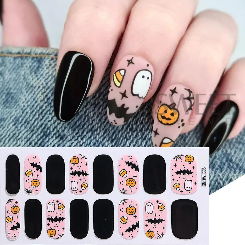 Halloween Gel Nail Strips | Black Cat Ghost Pumpkin Bat – 6pc Gel Nail Strips PLUSH
