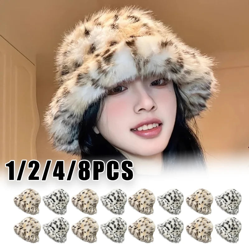 Women's Puffy Faux Fur Bucket Hat | Leopard Print Winter Hat Faux Fur Bucket Hat PLUSH