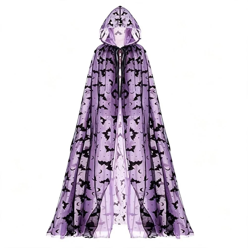 Halloween Hooded Bat Cape – Long Black Mesh Cloak for Women Halloween Costume Cape PLUSH Purple One Size