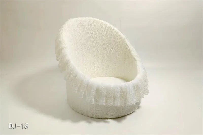 Newborn Photography Prop Mini Lace Round Sofa Bean Bag Photography Prop Sofa PLUSH white