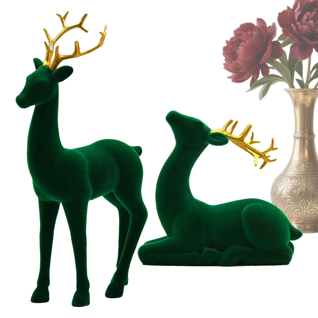 Christmas Reindeer Figurines 2Pcs Flocked Deer Tabletop Decor Christmas Figurines PLUSH