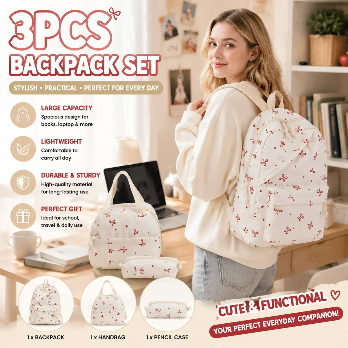 3-Piece Large Capacity Backpack Set – College & Travel Daypack Backpack Set PLUSH