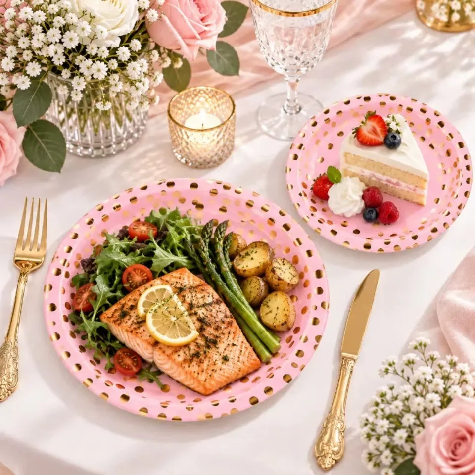 Pink Gold Foil Dot Disposable Paper Plates 7/9 Inch Party Disposable Party Plates PLUSH