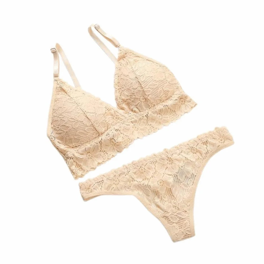 V-Neck Lace Floral Padded Bra & Thong Set – Women's Lingerie Lace Lingerie Set PLUSH Skin Color S 45-60kg
