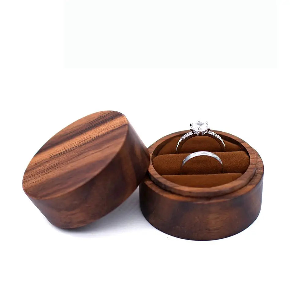 Round Walnut Wood Ring Box – Engagement & Jewelry Gift Case Jewelry Gift Box PLUSH -4