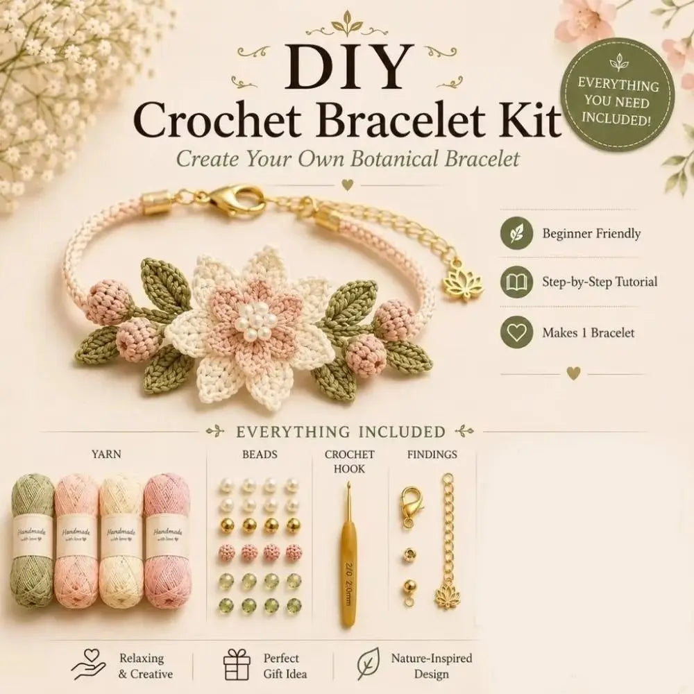 Botanical DIY Crochet Bracelet Kit – Beginner Friendly Craft DIY Crochet Kit PLUSH