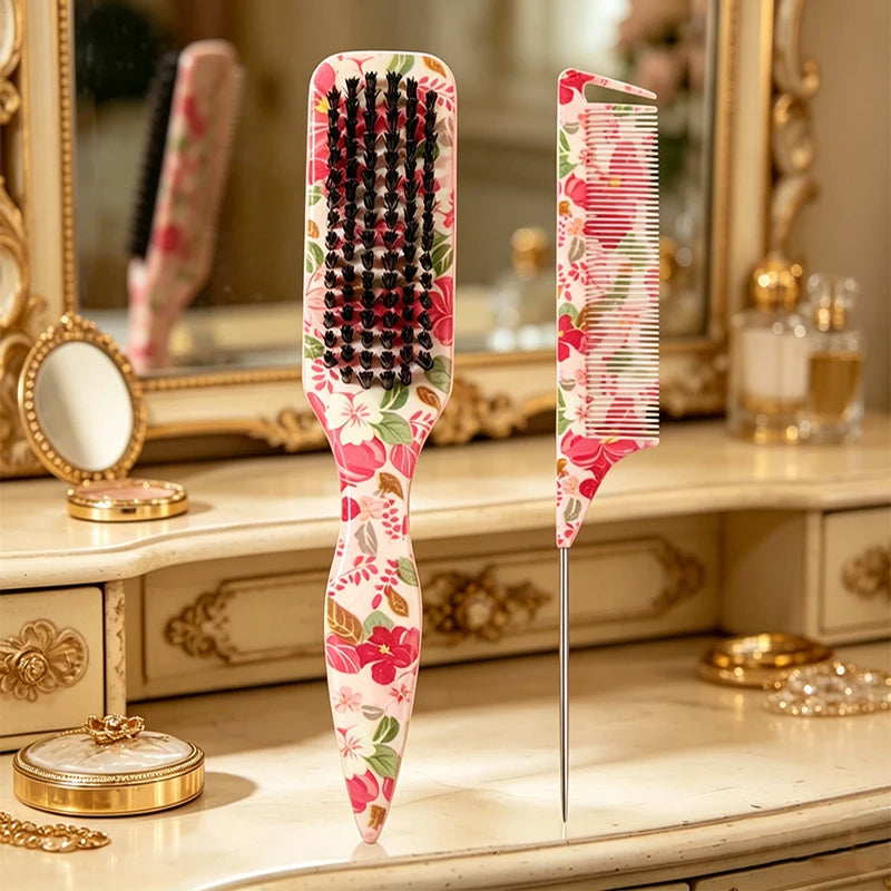 Floral Hair Brush – Sleek Ponytail, Edge Control & Flyaway Tamer Hair Styling Brush PLUSH