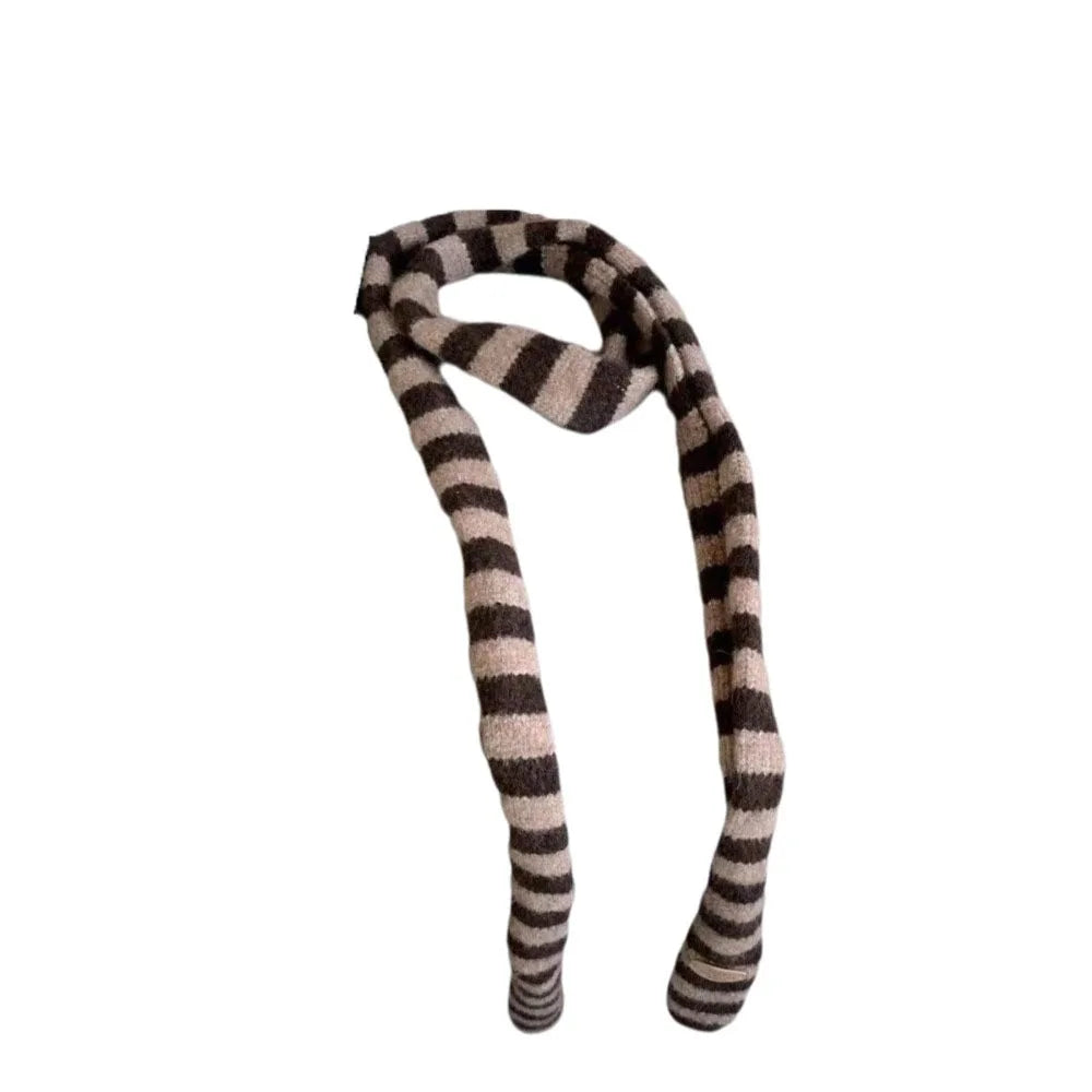 Y2K Harajuku Striped Knit Scarf – Korean Neckerchief Shawl Knit Neckerchief Scarf PLUSH Khaki