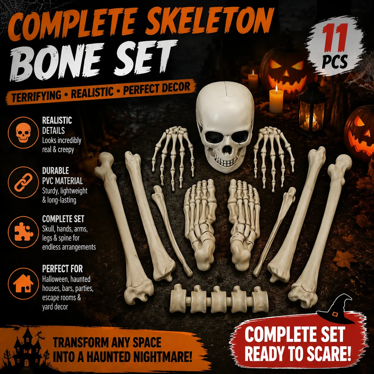 Realistic Halloween Skeleton Skull Bones Set – Horror Prop Decor Halloween Prop Decor PLUSH