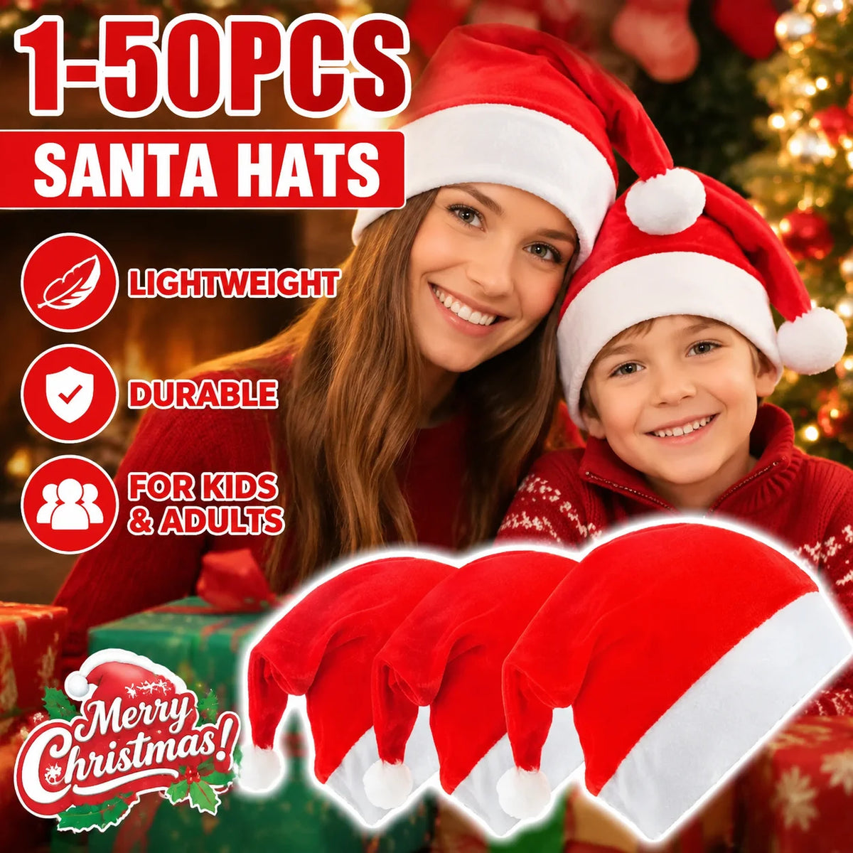 Santa Claus Christmas Hats Adults & Kids – Non-Woven Cap Christmas Party Hat PLUSH