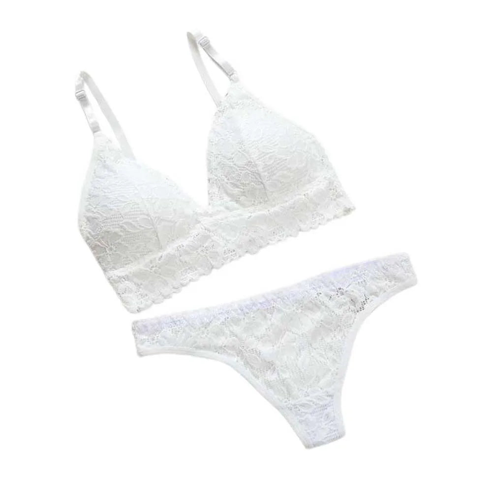 V-Neck Lace Floral Padded Bra & Thong Set – Women's Lingerie Lace Lingerie Set PLUSH White M 50-65kg
