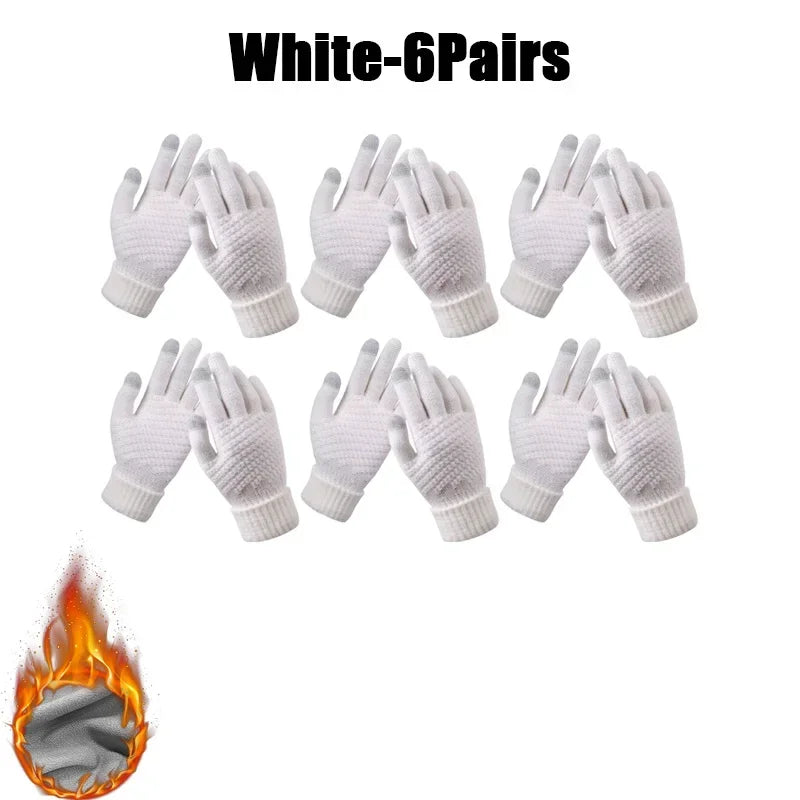 Winter Touch Screen Gloves – Warm Knit Mittens Unisex Winter Knit Gloves PLUSH White-6Pairs