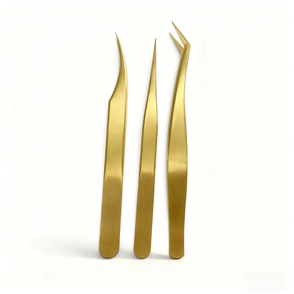 Ouriner Gold Eyelash Tweezers Set – Lash Extension Tool Kit Eyelash Tweezer Set PLUSH 3 Pcs Set