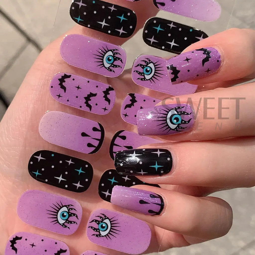 Halloween Gel Nail Strips | Black Cat Ghost Pumpkin Bat – 6pc Gel Nail Strips PLUSH