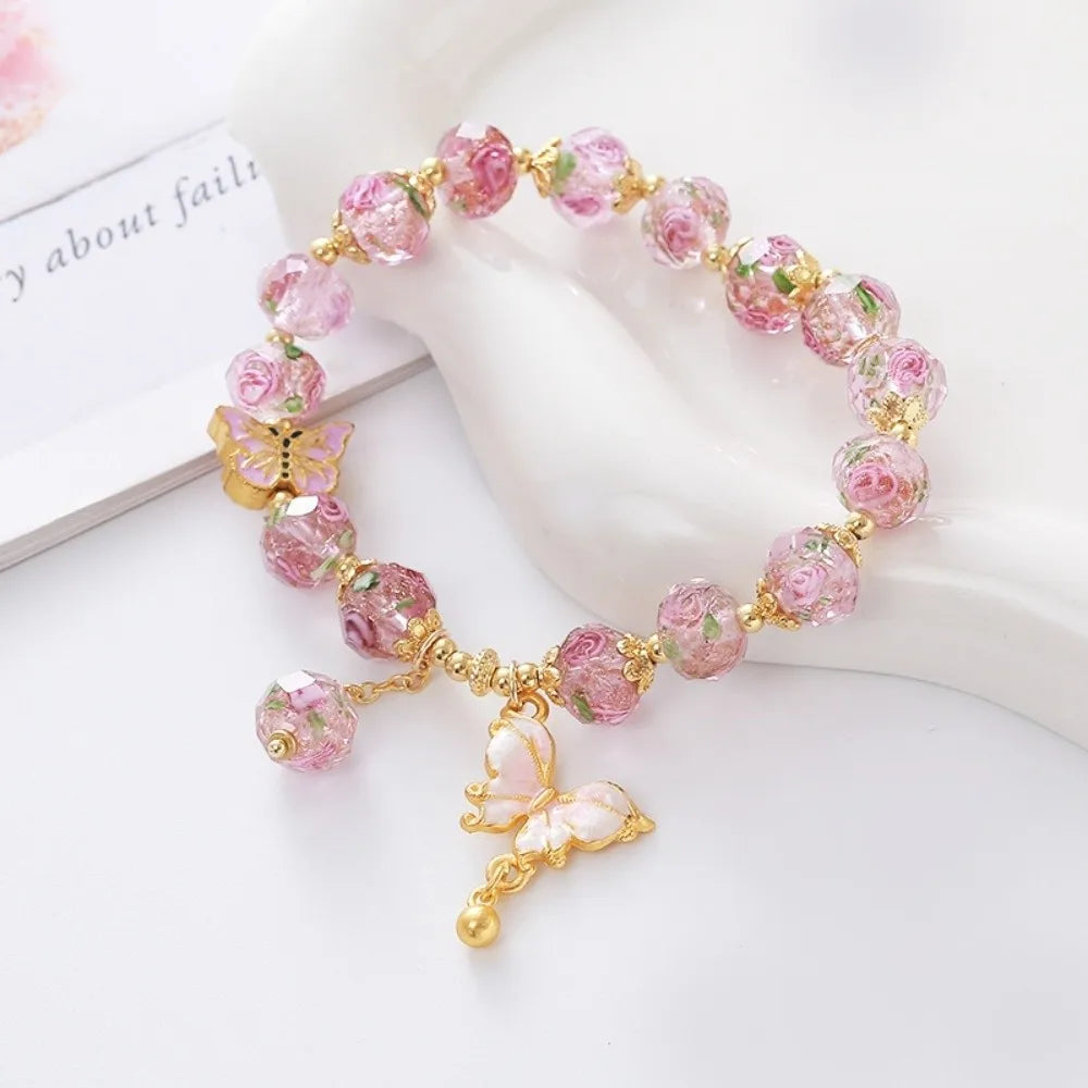 Butterfly Rose Beaded Bracelet – Vintage Lampwork Glass Charm Beaded Charm Bracelet PLUSH Pink