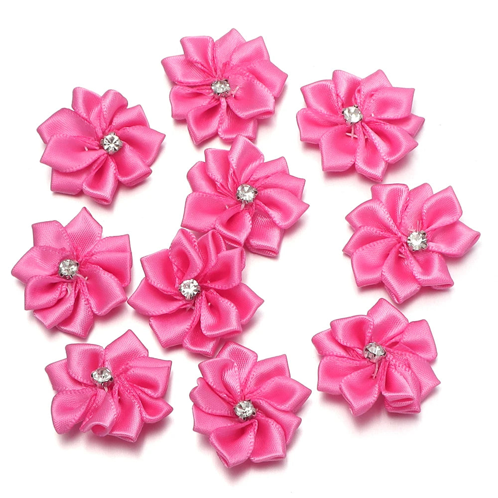 10pcs 3cm Satin Ribbon Flowers Rhinestone 9-Petal DIY Craft Fabric Flower Appliqué PLUSH Dark Pink