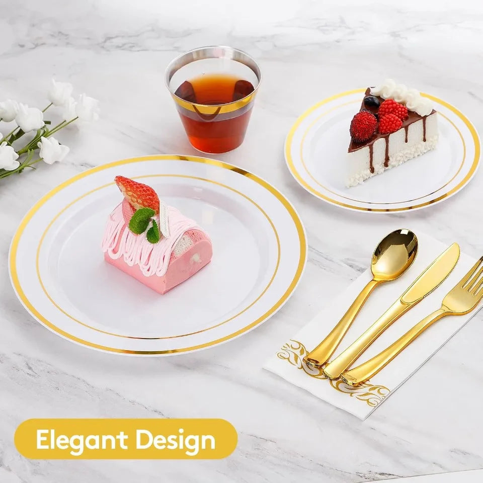 Gold Rim Disposable Dinnerware Set – Plates, Cups & Cutlery Disposable Dinnerware Set PLUSH