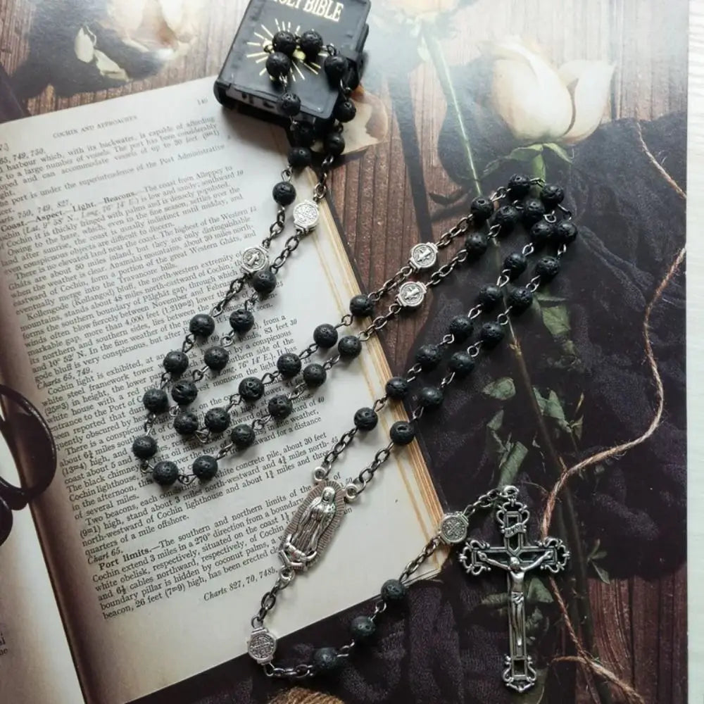 Volcanic Stone Black Rosary Necklace – Cross Crucifix Pendant Rosary Necklace PLUSH