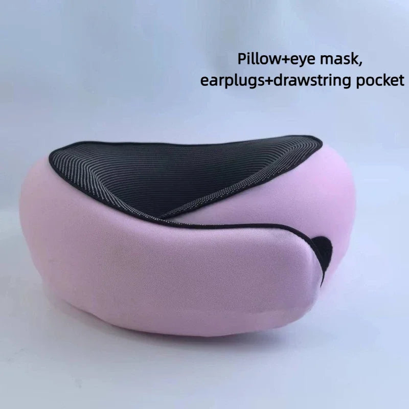 Memory Foam Travel Neck Pillow Set with Eye Mask & Earplugs Travel Neck Pillow PLUSH Pink Velcro set