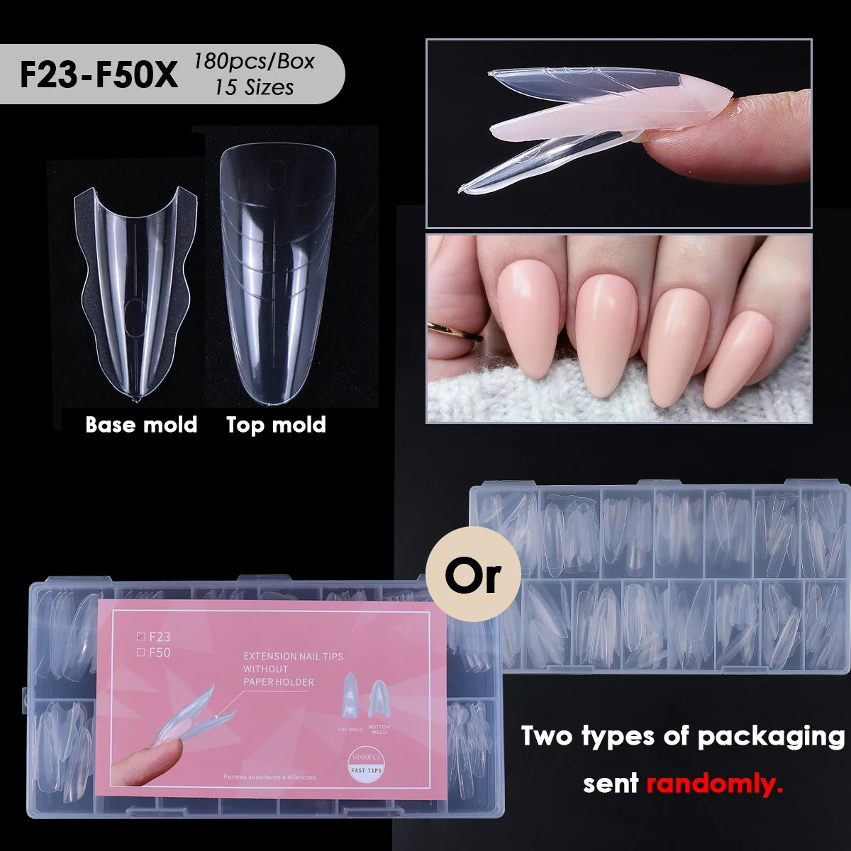 180pcs Sandwich Dual Nail Extension Molds – Oval & Coffin 15 Sizes Nail Extension Molds PLUSH F23-F50X