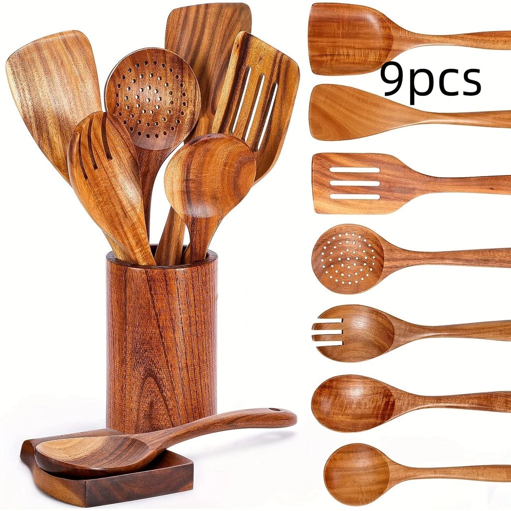9-Piece Wooden Cooking Utensils Set – Non-Stick Safe Kitchen Wooden Utensil Set PLUSH 9 pcs