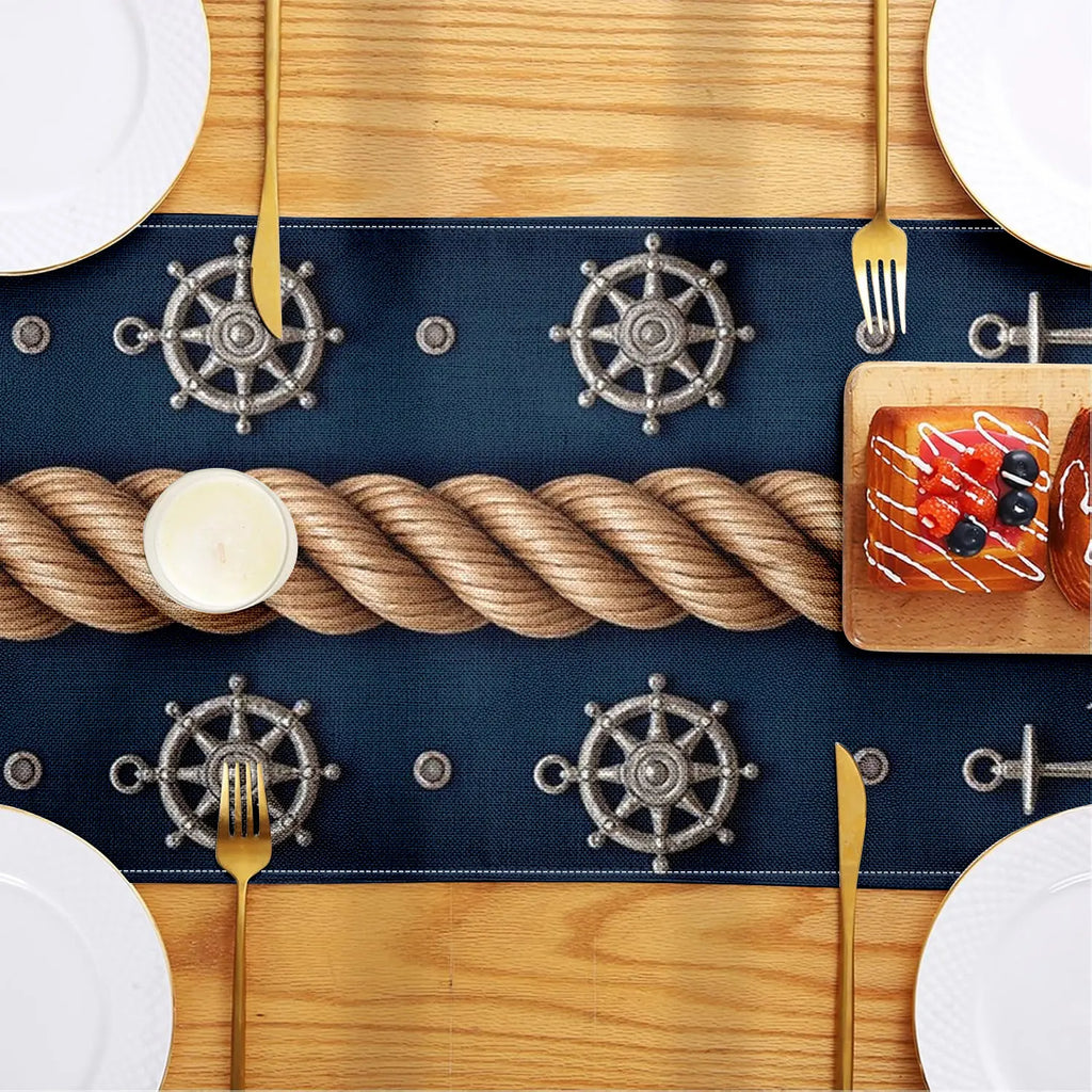 Nautical Table Runner – Anchor, Rope & Wheel Print Décor Table Runner PLUSH