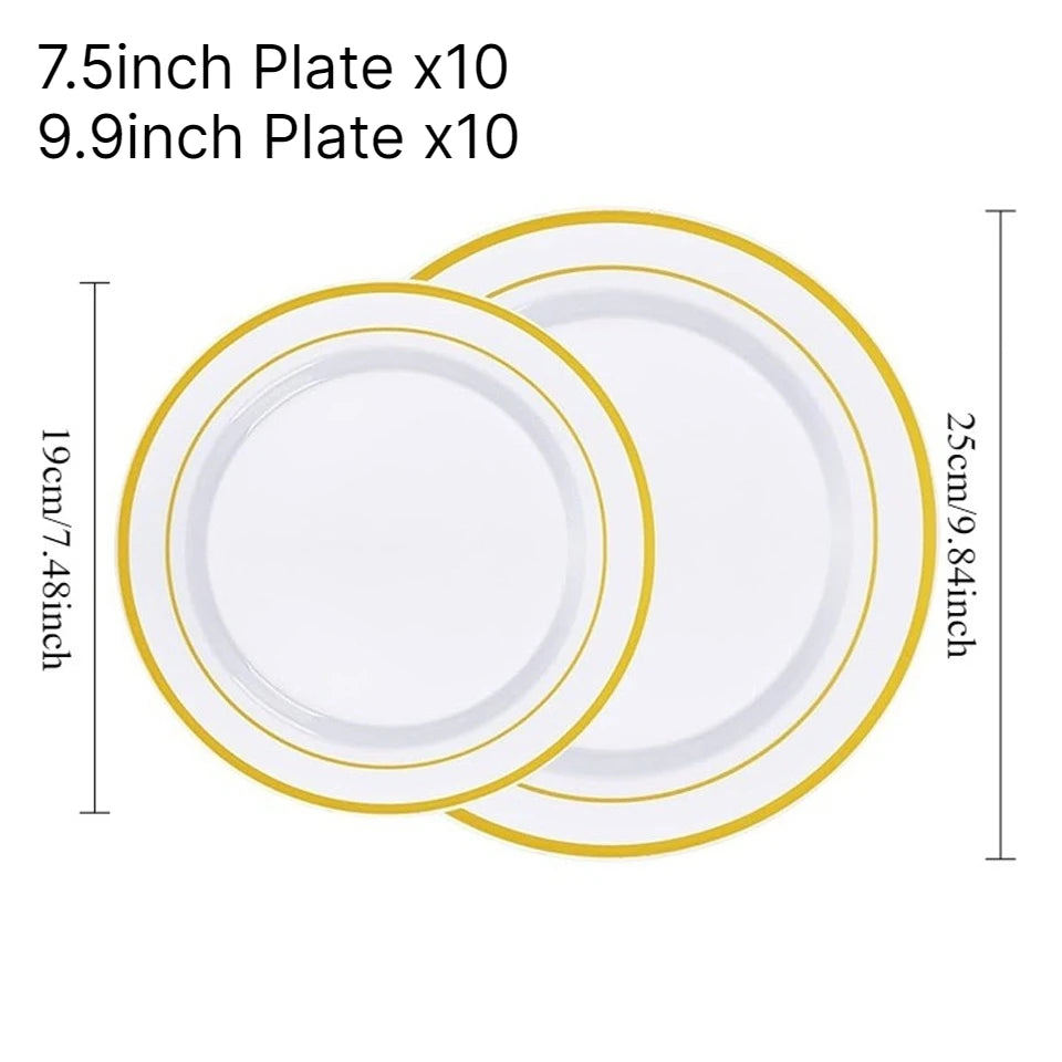 Gold Rim Disposable Dinnerware Set – Plates, Cups & Cutlery Disposable Dinnerware Set PLUSH Plate