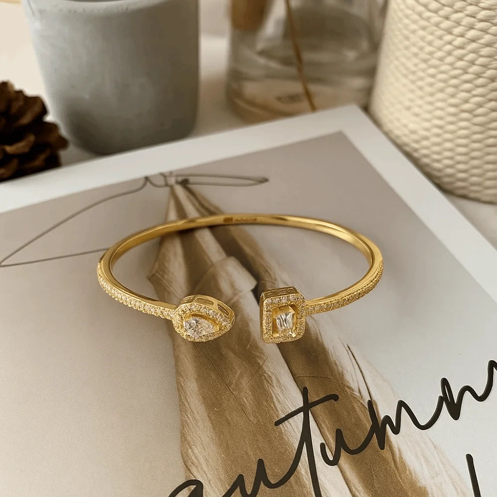 Cubic Zirconia Gold Cuff Bracelet – Adjustable Geometry Bangle Cuff Bangle Bracelet PLUSH