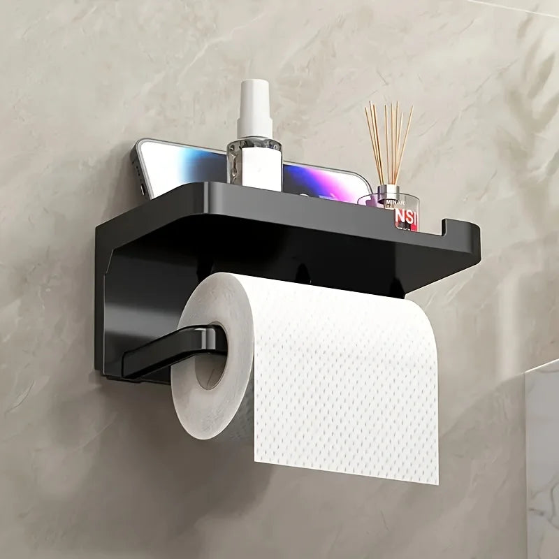 Wall-Mounted Toilet Paper Holder & Storage Rack – Black Toilet Paper Holder PLUSH
