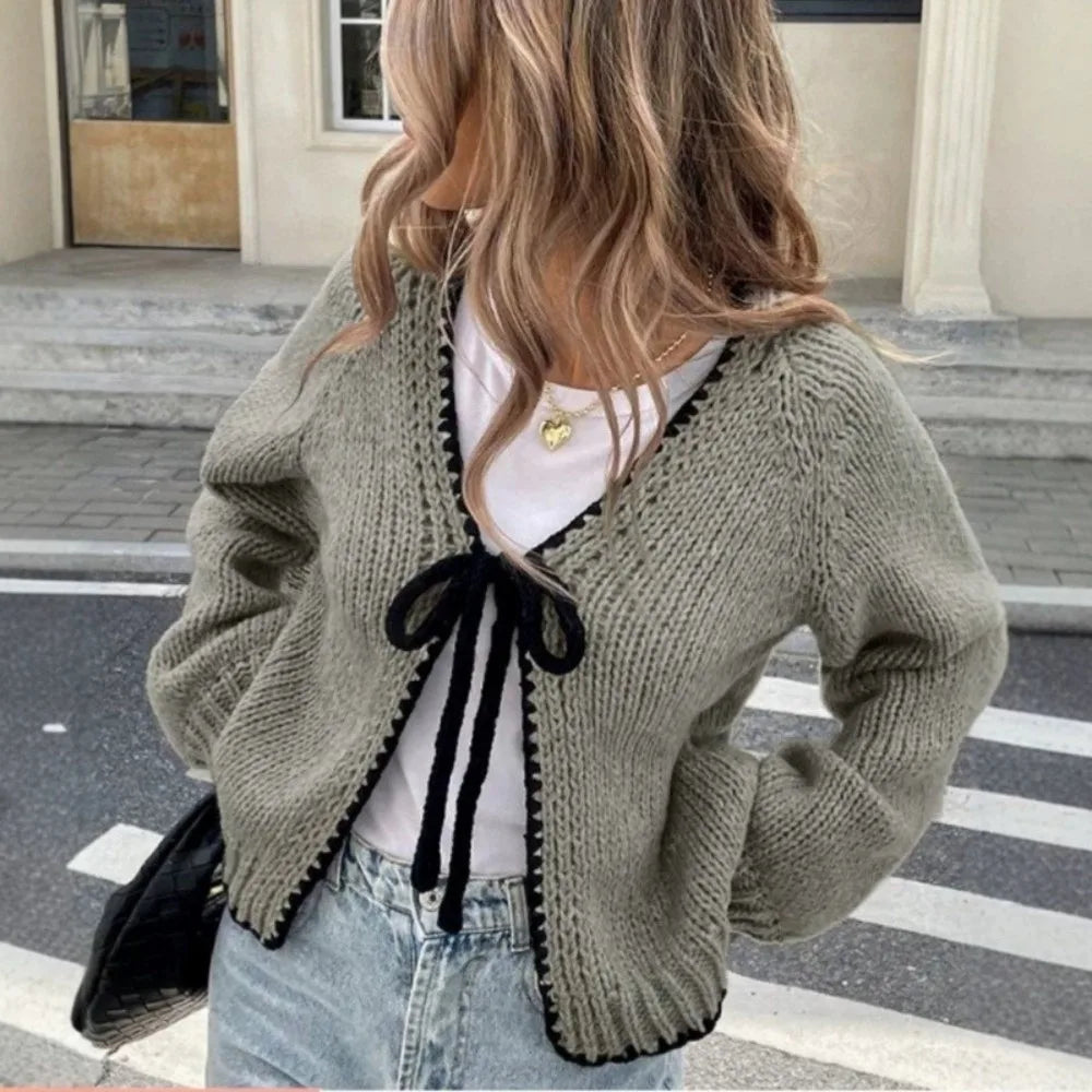 Women's Loose Fit V-Neck Knit Cardigan Sweater | Tie-Up Style Knit Cardigan Sweater PLUSH Grey One Size