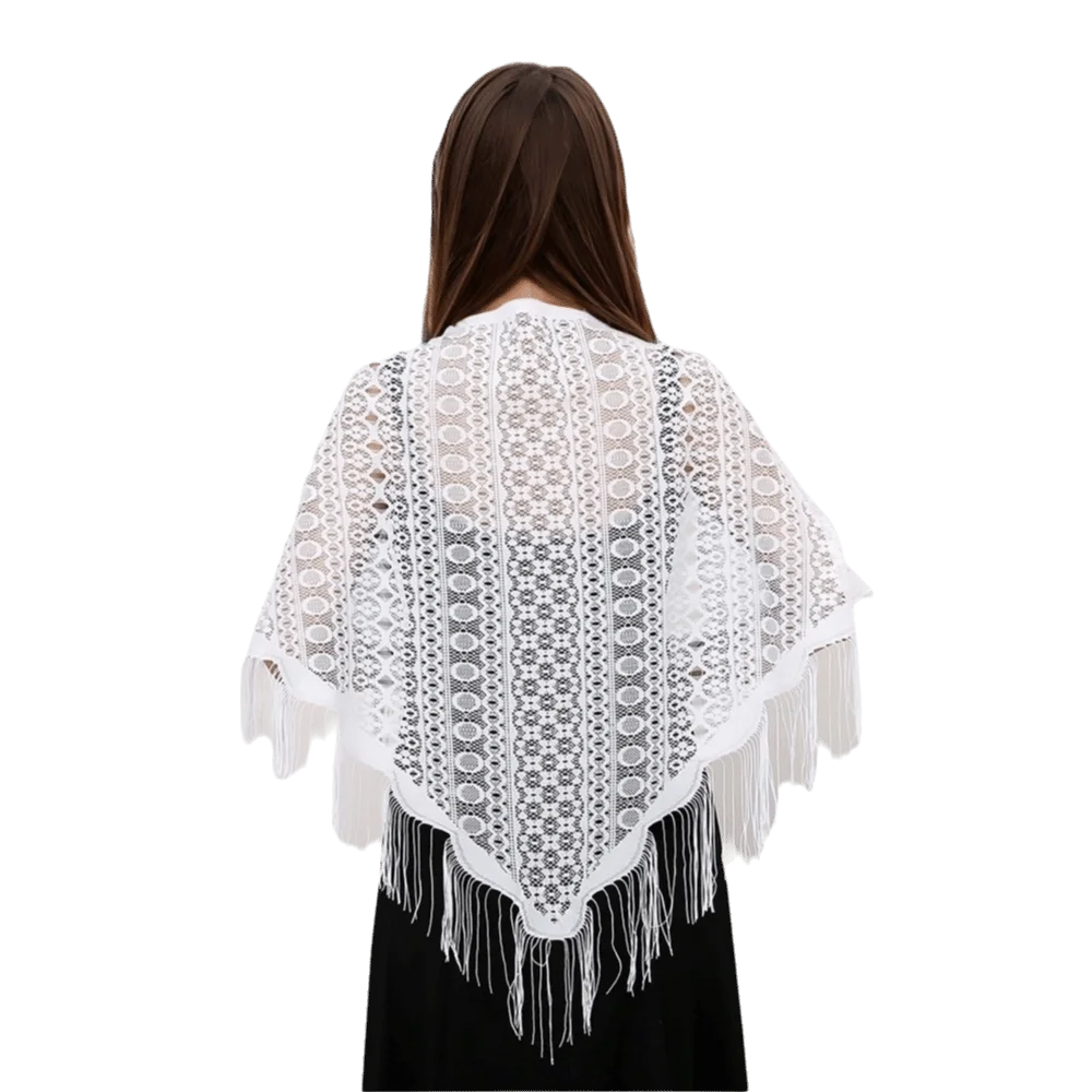 White Lace Mesh Tassel Triangle Shawl | Wedding Scarf Lace Triangle Shawl PLUSH