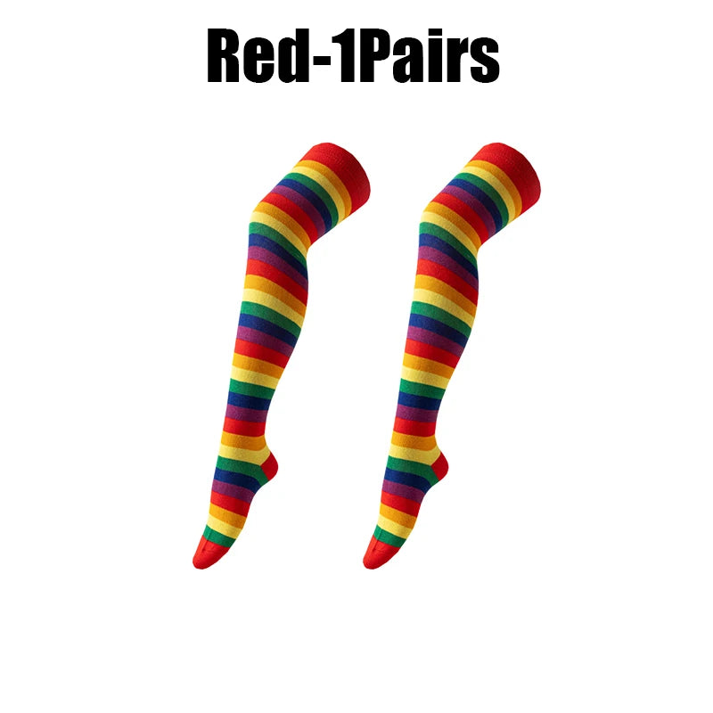 Rainbow Striped Thigh High Socks – Over Knee Stockings Thigh High Socks PLUSH as show Red 1Pairs