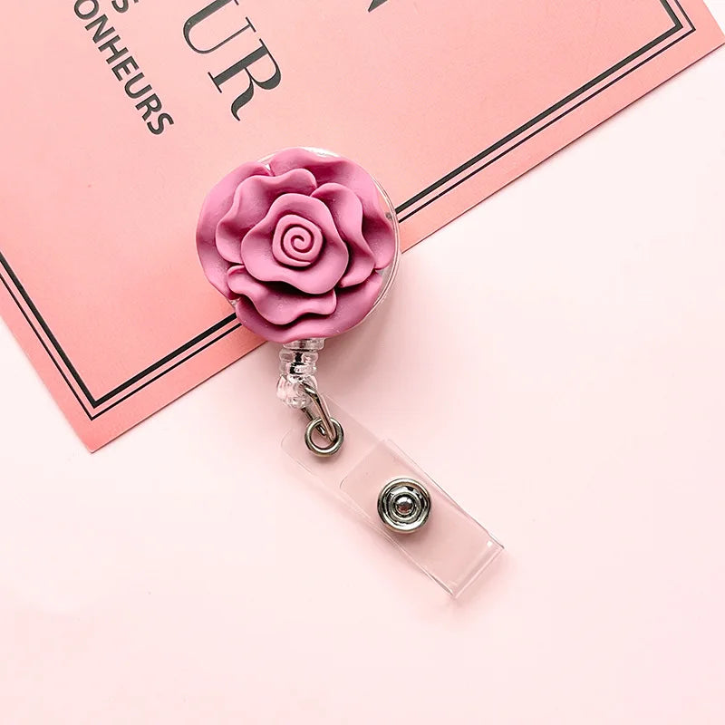3D Rose Retractable Badge Reel – Floral ID Card Holder Clip Badge Reel Holder PLUSH