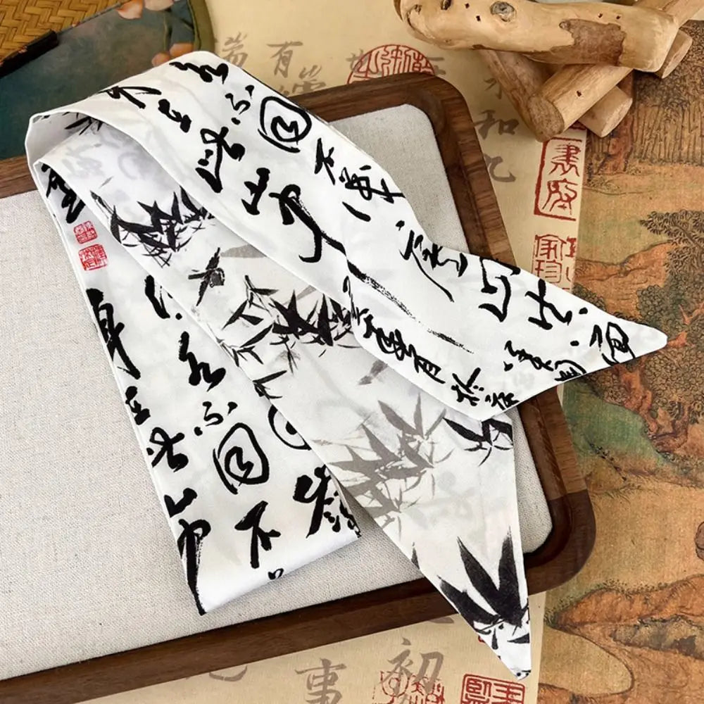 Elegant Ink Painting Ribbon Scarf – Minimalist Silk Headband Ribbon Scarf PLUSH B
