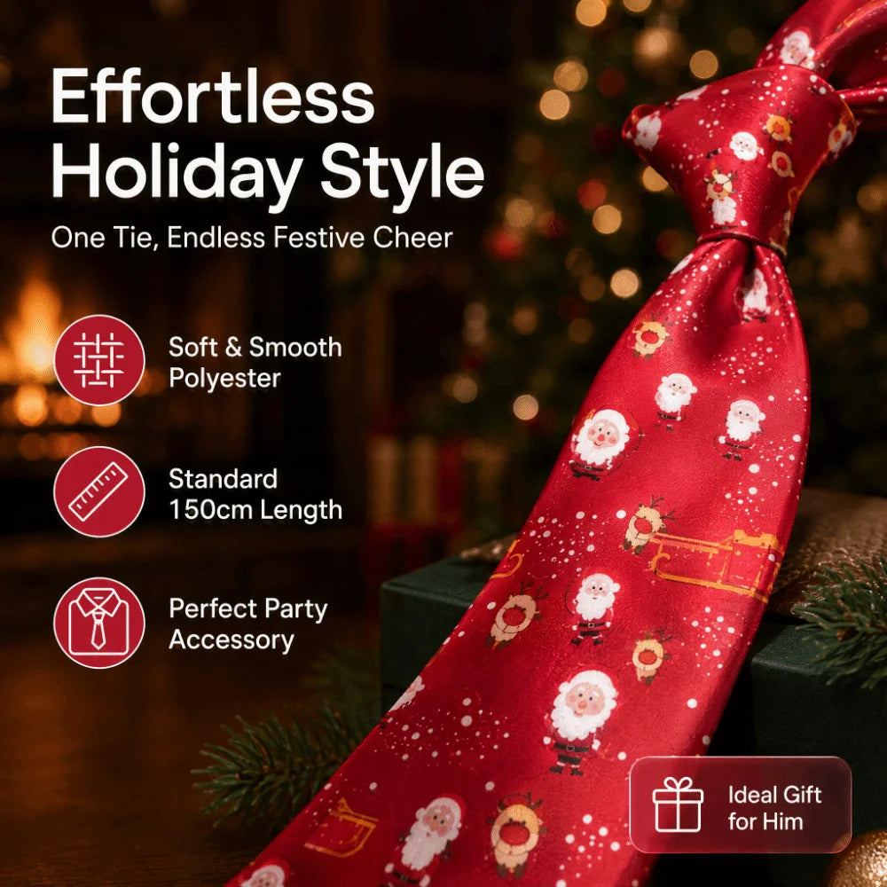 Men's Adjustable Christmas Necktie – Santa & Reindeer Tie Holiday Necktie PLUSH