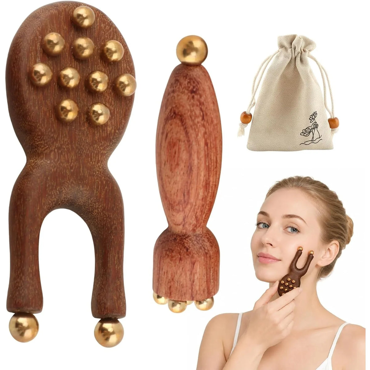Wooden Y-Shaped Facial Massage Tool Kit with Brass Beads Facial Massage Tool PLUSH 2PCS With Bag