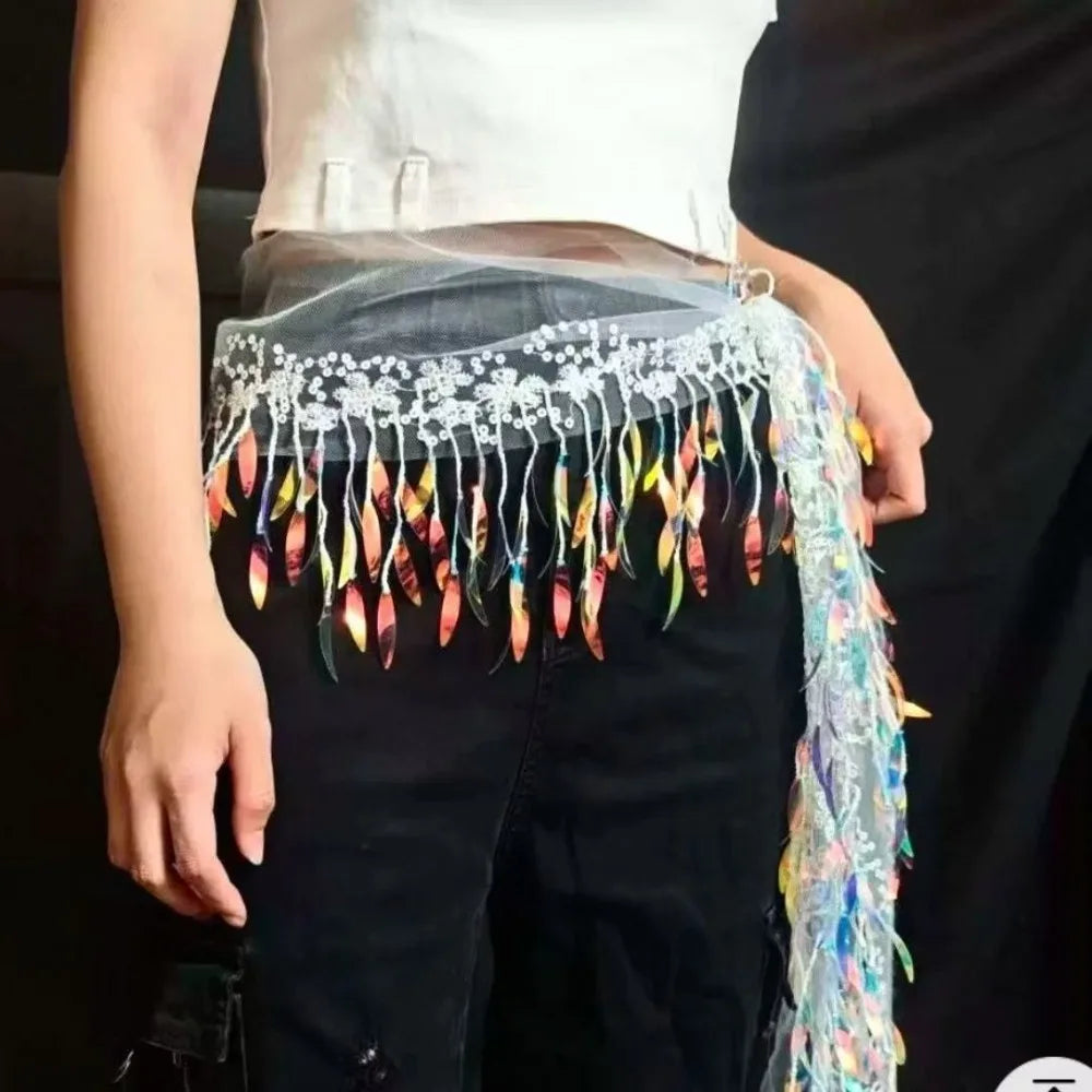 Y2K Sequin Tassel Hip Scarf Belt – Jazz Dance Streetwear Tassel Hip Scarf Belt PLUSH White