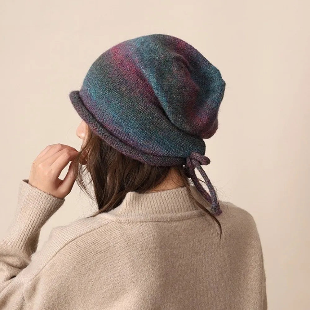 Gradient Knit Beanie Hat – Rolled Brim Drawstring Streetwear Cap Knit Beanie Hat PLUSH