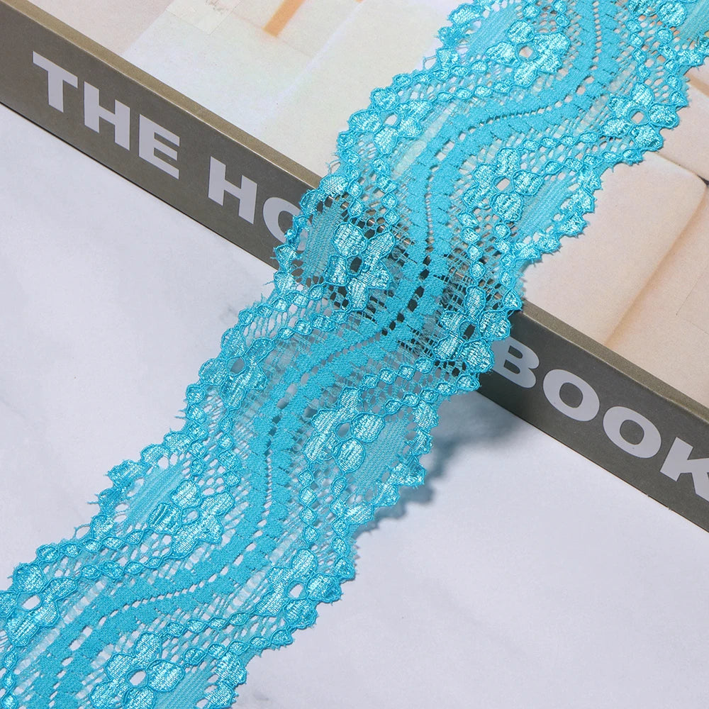 6cm Elastic Floral Lace Trim 2 Yards – DIY Sewing Craft Elastic Lace Trim PLUSH lake blue 6cm